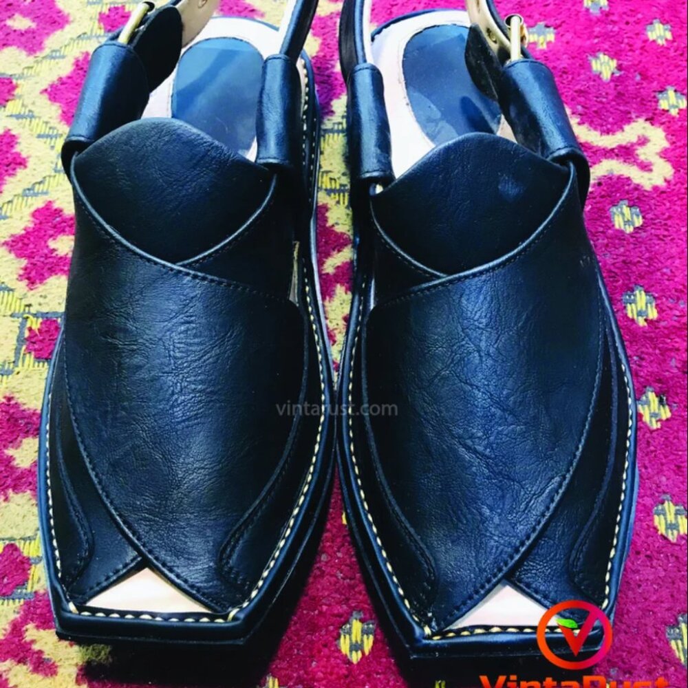 Handmade Black Leather Peshawari Chappal: Kaptaan Style Sandal